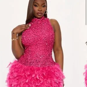 slim fit dress slacks Nox Anabel Backless Sequin Prom Dress with Feathers Rose / 8 main image 0